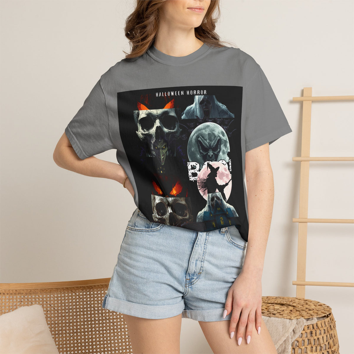 Halloween Horror Skull T-Shirt — Retro Moon & Mask Graphic