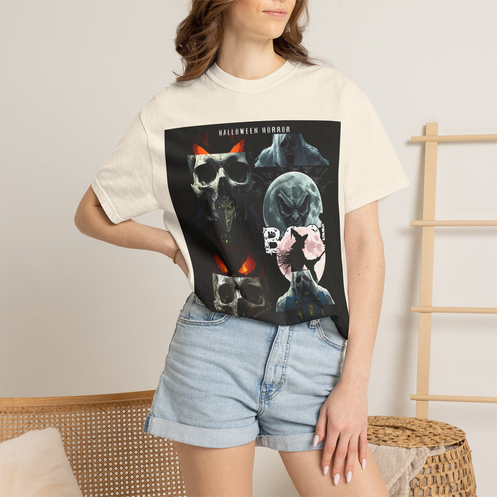 Halloween Horror Skull T-Shirt — Retro Moon & Mask Graphic