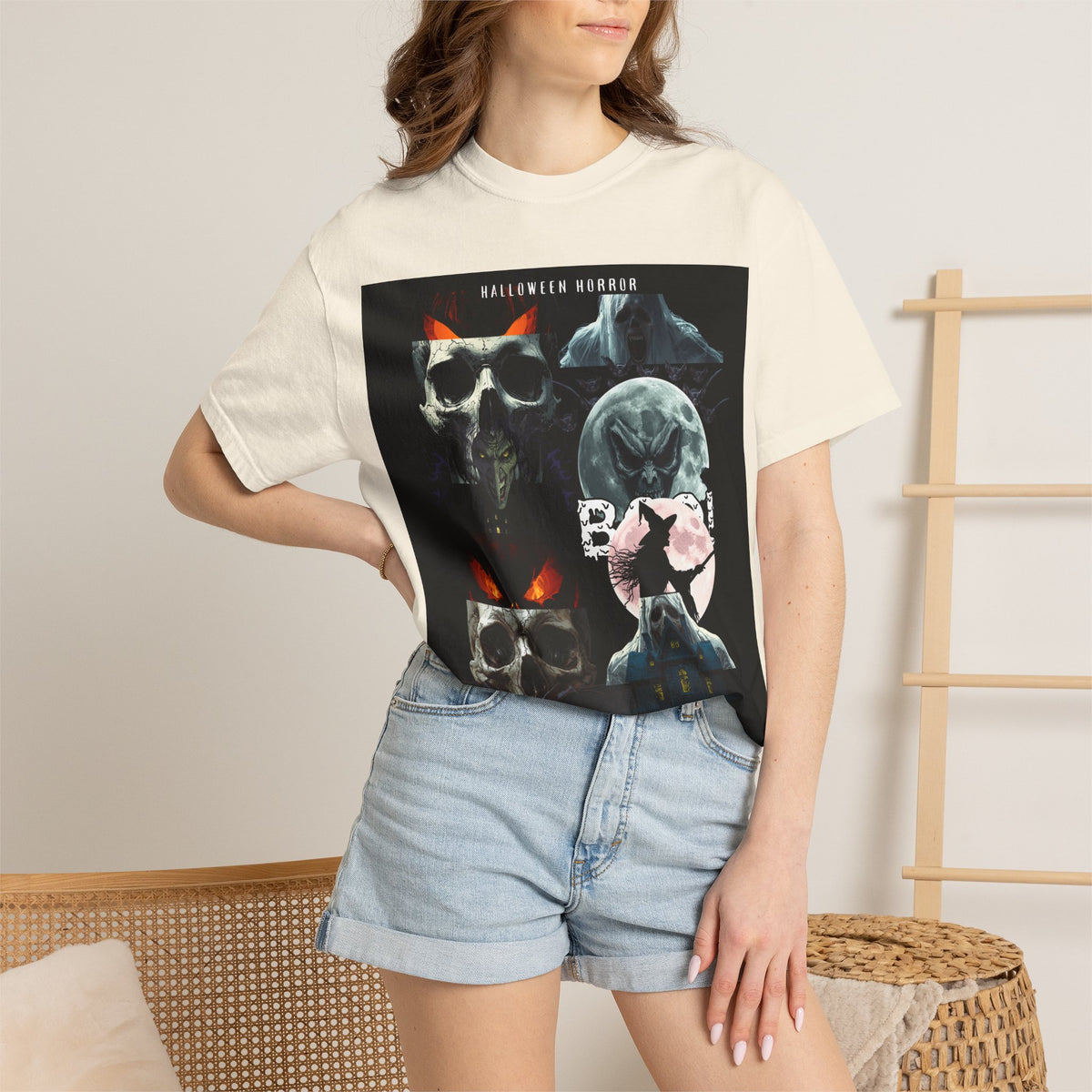 Halloween Horror Skull T-Shirt — Retro Moon & Mask Graphic